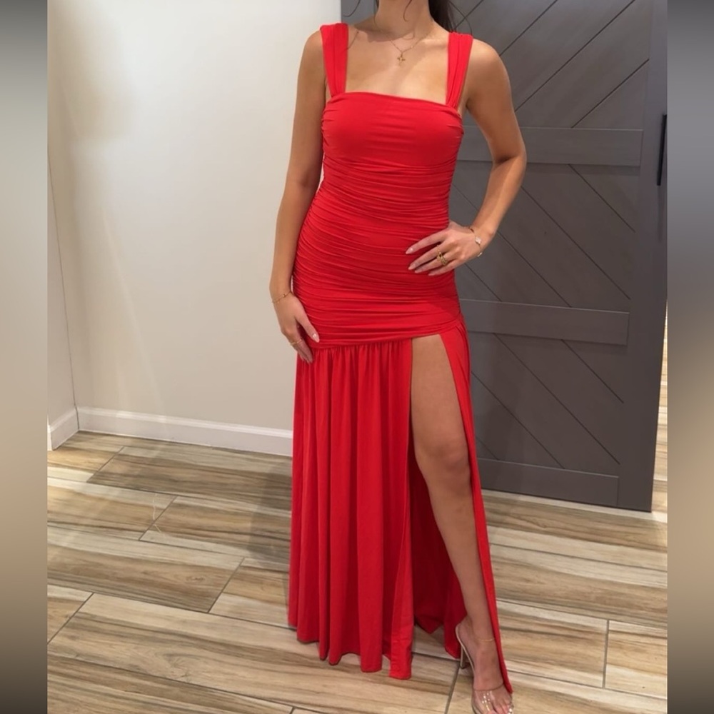 Luxxel Red Ruched Slit Maxi Dress